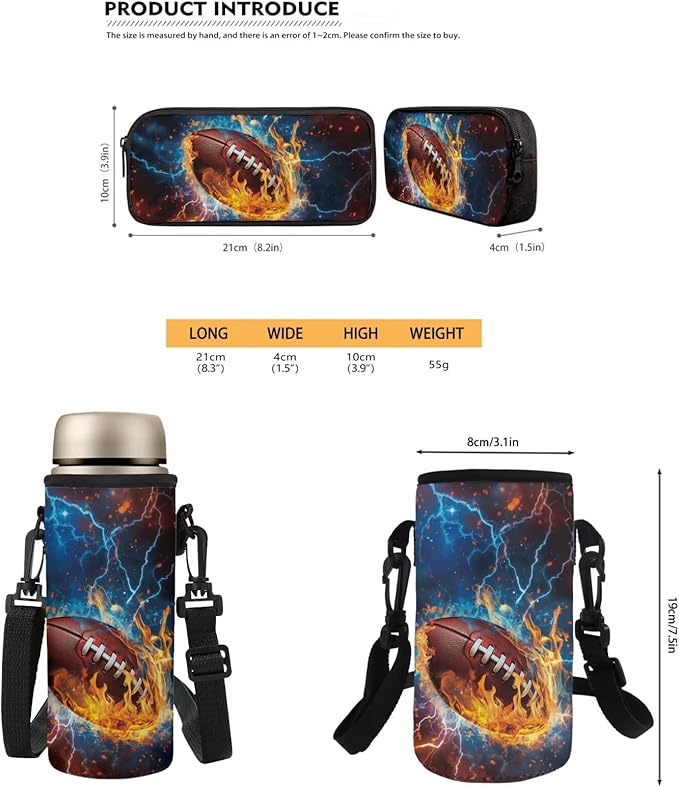 Backpack with Lunch Box and Water Bottle Bag American Football Boys Backpack 4-Piece Set Lightweight Travel Bookbag for Kids Kindergarten Elementary Middle Mochilas Escolares Para Niños