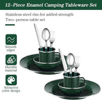 Nuogo 12 Pcs Enamel Camping Tableware Set Dinnerware Kit Includes 12 oz Coffee Mugs Camping Plates Bowls and Utensils Set with Knife Fork Spoon for 2 People Hiking Picnic Outdoor