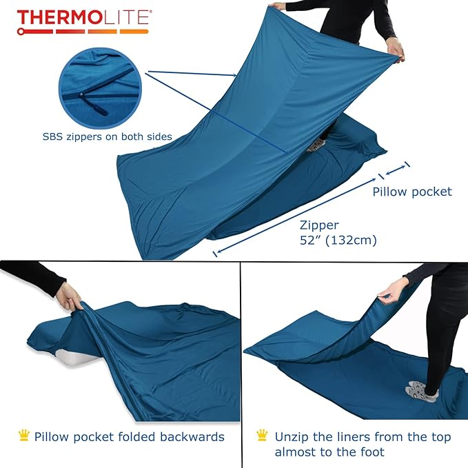 BROWINT Thermolite Sleeping Bag Liner with Zippers for Cold Weather, Lightweight Mummy with Hood & Rectangular Sleep Sack for Adult, Adds Warmth, Thermal Travel Liner, All Season