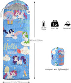 Kids Sleeping Bag for Boys Girls,Cartoon Blue Unicorn Print-Lightweight Warm Portable Outdoor Indoor-Waterproof Cold Weather Resistant Sleeping Bag for Camping Hiking