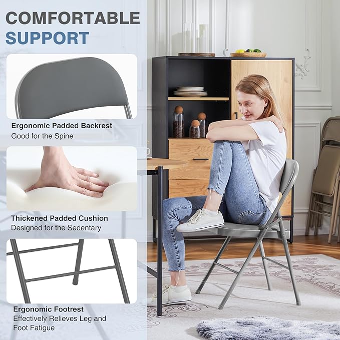 DUMOS 4 Pack Folding Chairs with Padded Cushion and Back - PU Leather Stackable Portable Dining Chiars Set, for Home and Office, Conference, Wedding, Party, Patio, Garden, for Indoor Outdoor, Grey