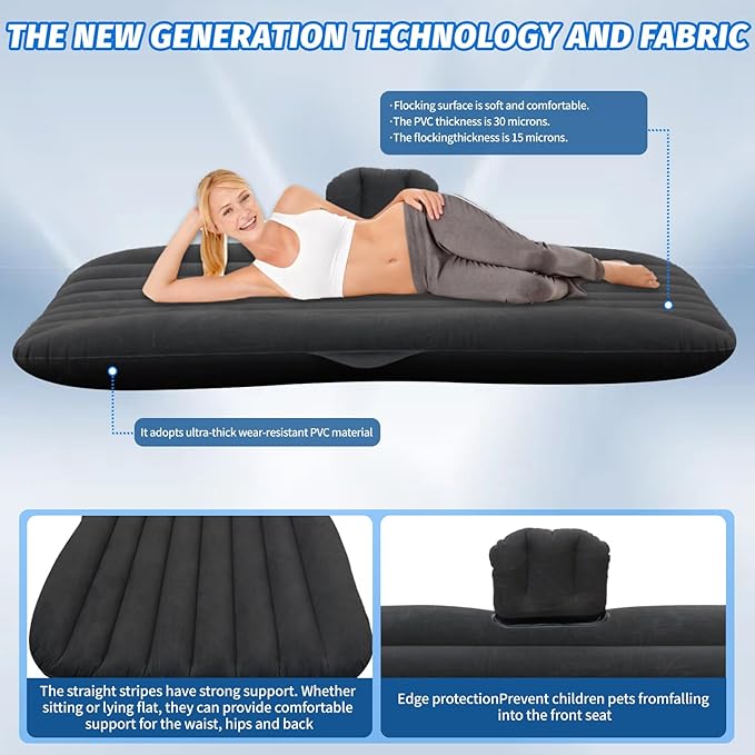 Inflatable Car Air Mattress Back Seat Bed with Air Pump,53 "x 32.6" Portable Thickened Car Travel Camping Sleeping Air Mattress Blow Up Bed for Car Universal SUV