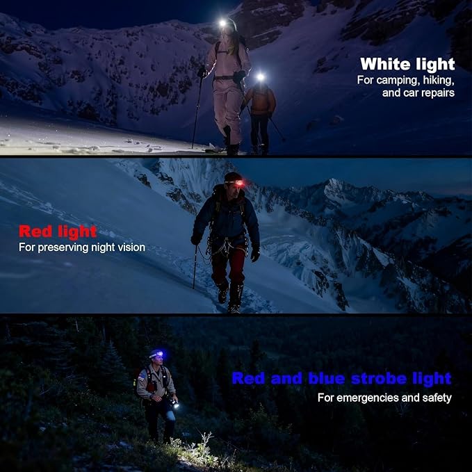 LED Headlamp Lightweight with Red Light Motion Sensor, 5 Modes USB-C Rechargeable, 6-Hour Runtime, Waterproof Headlight for Camping, Running, Fishing, Work, and Emergencies, 1 Pack