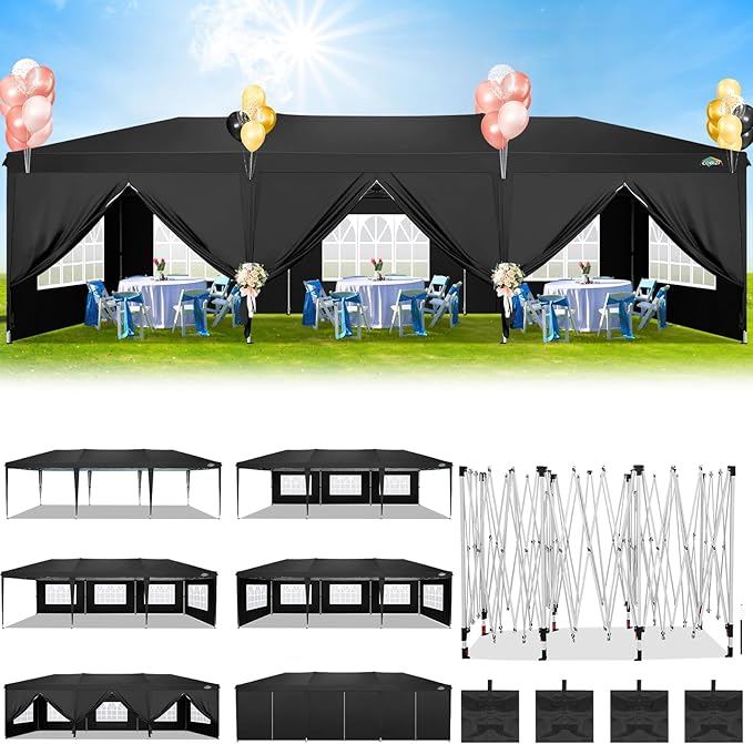 COBIZI 10x30 Canopy Party Tent with 8 Walls 10x30 Pop Up Canopy for Parties Waterproof UPF 50+ Outdoor Commercial Event Tent for Party Backyard Gazebo Canopy with Sidewalls & Sandbags(Black,10x30ft