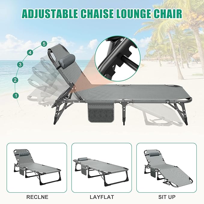 LILYPELLE Folding Outside Chaise Lounge Chair with Mattress, 5 Position Adjustable Patio Reclining Chairs Perfect for Outside, Sunbathing, Camping, Pool, Beach, Cool Blue