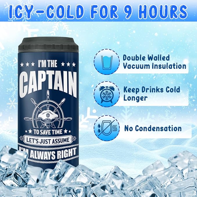 winorax Captain Tumbler Can Cooler 4-in-1 I'm The Captain & I'm Always Right Boating Stainless Steel Cup with Lid 12oz Boater Gifts For Men Boat Lover Gift For Boats Owner Boaters Gift Ideas