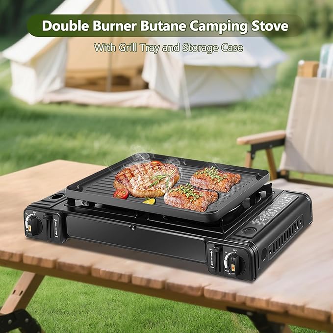 Double Burner Butane Stove, Butane Camping Stove Kit with Baking Pan and Carrying Case, Portable Camping Burner for RV, Apartments, Outdoor