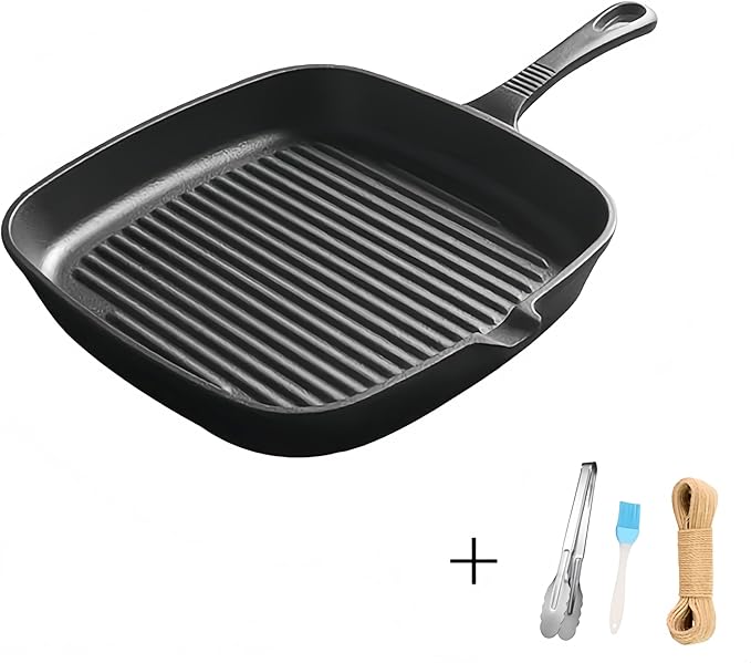 Cast Iron Grill Pan, 9.5 inch Square Grill Pan Skillet with Pour Spout, Cast Iron Griddle Pan with Small Meat Tong, Oil Brush & Hemp Rope for Stove Tops, Gas, Induction, Grill, Campfire, Oven Safe