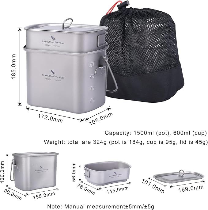 Boundless Voyage Titanium Camping Cookware Set 1500ml & 600ml Military Mess Kit with Lid Ultralight Backpacking Pot & Cup with Folding Handles for Hiking, Travel Portable Outdoor Cooking Kit Ti2059C