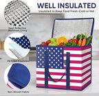 BALEINE 2PK Insulated Reusable Grocery Bags, Collapsible Cooler Bag for Groceries, Heavy Duty Large Insulated Bag (16''x9''x13'', Patroit Celebration)
