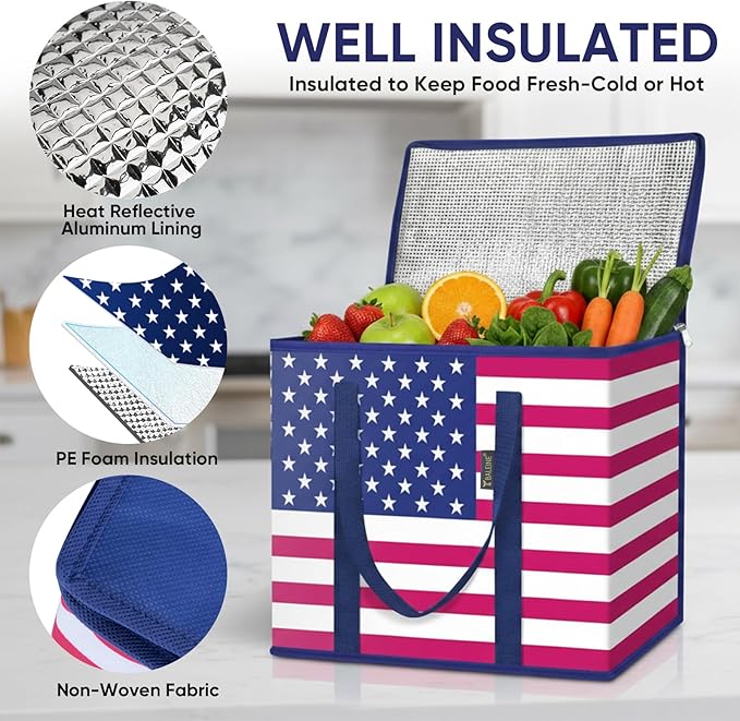 BALEINE 2PK Insulated Reusable Grocery Bags, Collapsible Cooler Bag for Groceries, Heavy Duty Large Insulated Bag (16''x9''x13'', Patroit Celebration)