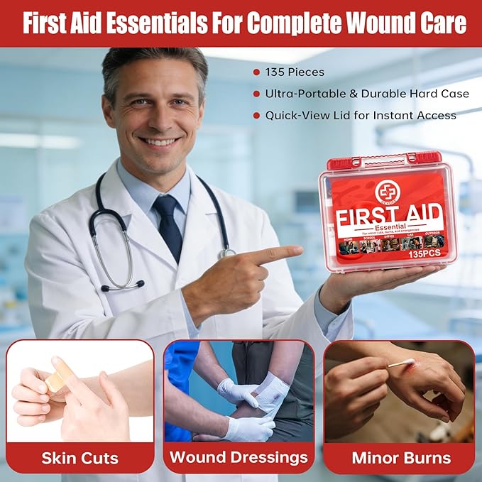 Mini First Aid Kit - 135 Piece HardCase First Aid Box for Home, Car, Travel, Camping, Hiking, Truck, Sports, Office, Vehicle & Outdoor Emergencies - Medical Kit (Small)