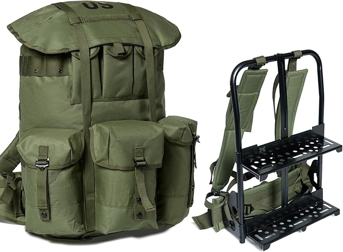 Military ALICE Pack Large Size with 2pcs Support Shelf – Tactical Rucksack with Expandable Straps, Aluminum Quick-Release Buckles, and Enhanced Waist Support – US Logo, Army Green