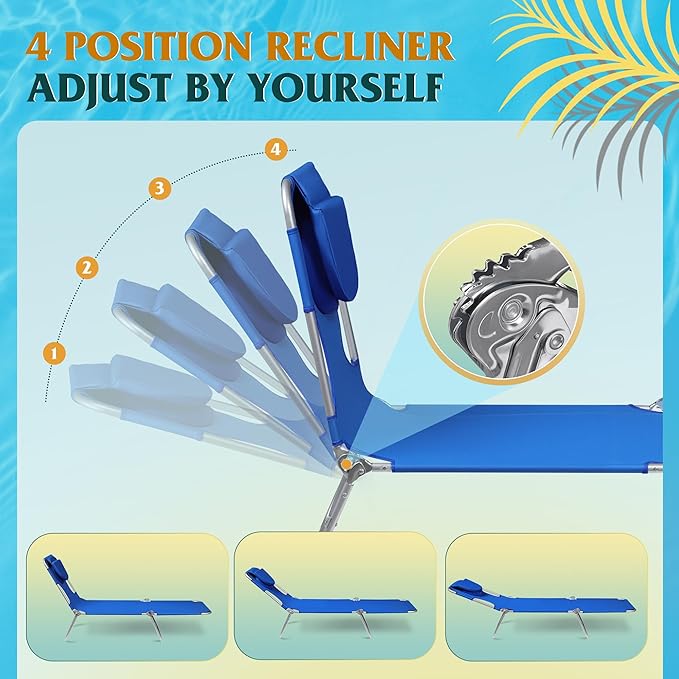 WLIVE Beach Lounge Chair for Adults, 4-Position Folding Tanning Chairs with Face Hole, 2 Legs Support Portable Outdoor Chair for Beach, Pool, Blue