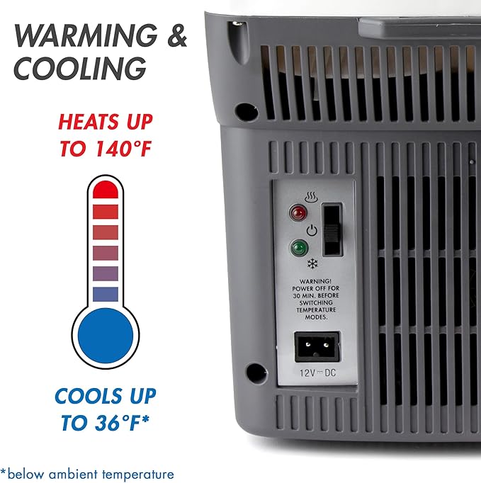 Wagan EL6206 12V 6 Quart Personal Thermoelectric, 6 Liter Capacity, Portable Electric Cooler Warmer with 12/24V DC, Small Fridge for Car, RV, and Camping Use, UL Listed