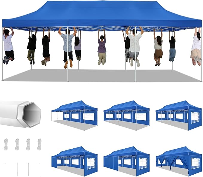 COBIZI 10x30 Heavy Duty Pop up Canopy Tent for Parties with 8 Sidewalls, Easy Setup Outdoor Commercial Gazebo for Wedding Event, Party Tent with Portable Bag & Sand Bags, Blue