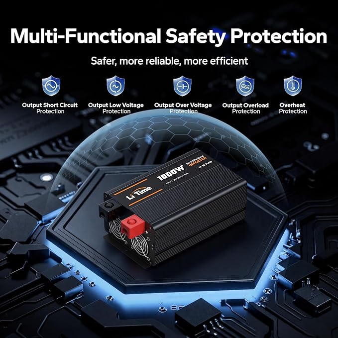 LiTime 1000W Pure Sine Wave Inverter 12V DC to 120V AC Converter for RV, Truck, Off-Grid Solar Car Power Inverter with 3 AC Outlets, 5V 2.4A USB, Type-C Port, Remote Controller, 2000W Peak