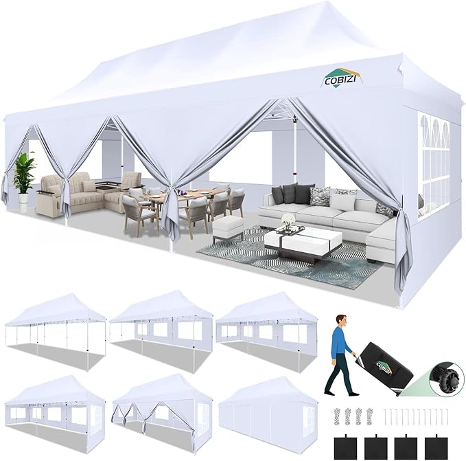 COBIZI Canopy Tent 10x30 Pop Up Canopy with 8 Removable Sidewalls Party Tents for Parties Wedding Patio Commercial Waterproof and UV50+ Ez Outdoor Instant Gazebo with Roller Bag & 4 Sandbags（White