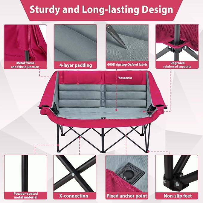 Oversized Double Camping Chair, Folding Loveseat Camping Couch with Pocket, Cup Holder and Carry Bag, Heavy Duty Portable Camping Chairs for Adults, Fishing, Sports, Trip, up to 660lbs, Red