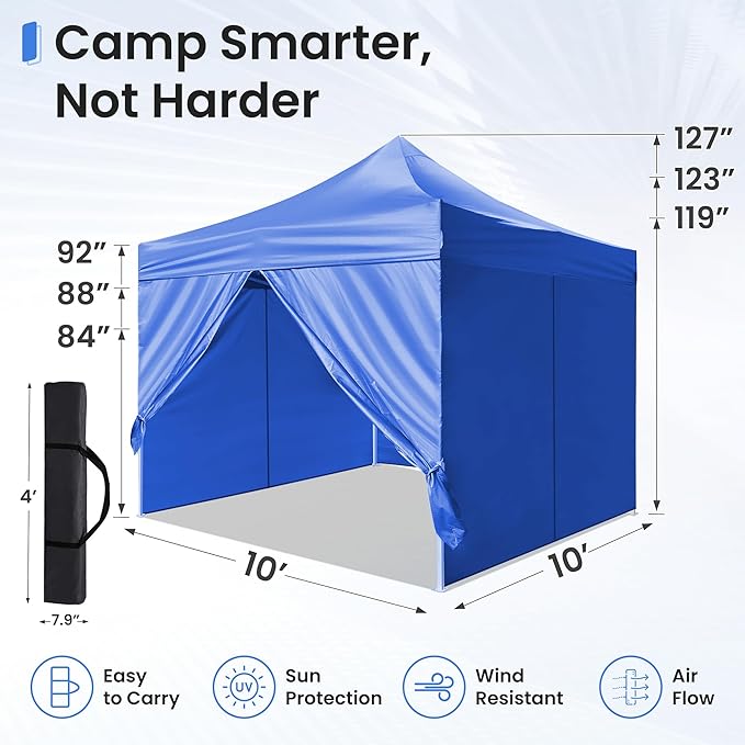 Pop Up Canopy Tent Instant Shelter, Portable Outdoor Sun Shade (Light Blue, 10x10 with Sidewalls)