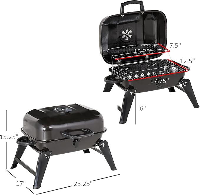 Outsunny 14" Portable Charcoal Grill, Tabletop Outdoor Small Grill with Heat Preservation Net, Venting System, Foldable Legs, Travel Size BBQ Perfect for Camping, Backyard, Tailgates, Black