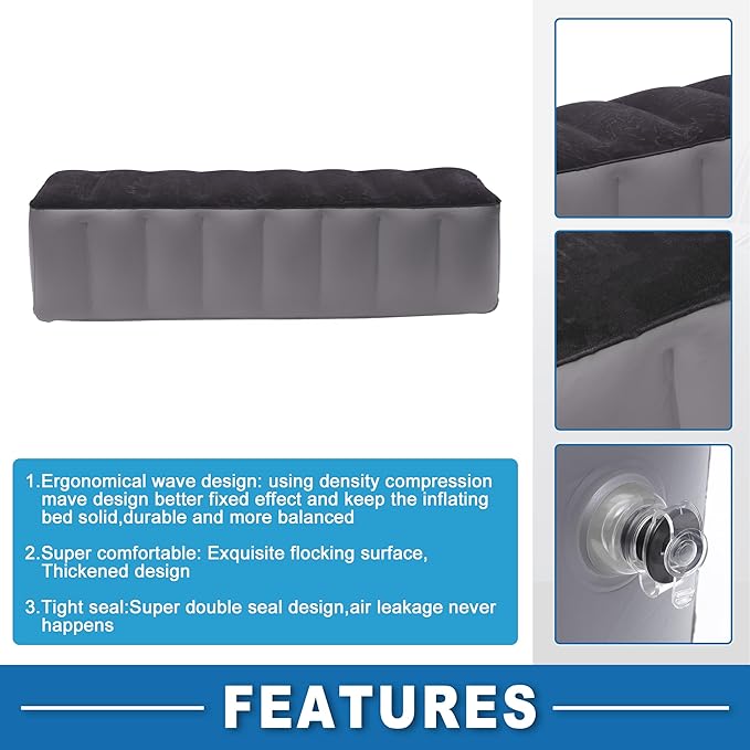 Car Air Inflation Mattress 51.18"x11.02"x16.54" Comfortable Rear Seat Air Travel Bed Car Sleeping Mat for Napping Travel Black Gray