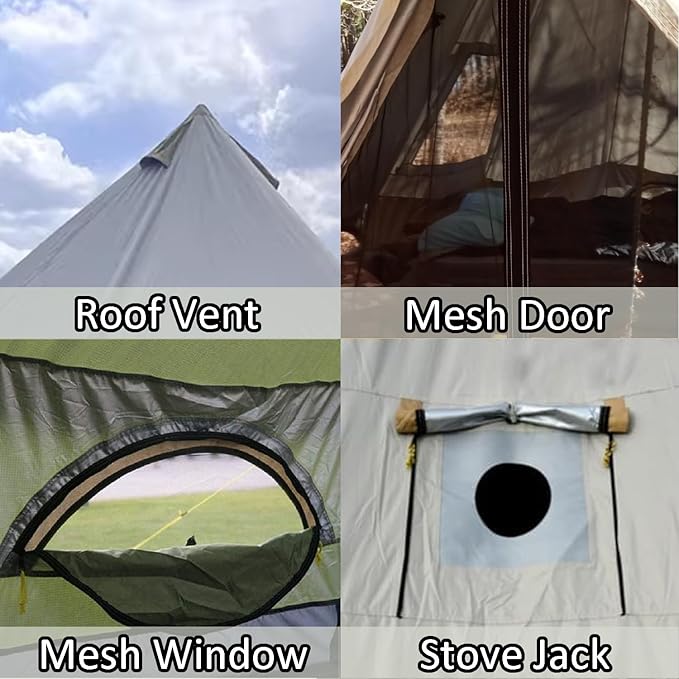 Backpacking Bell Tent with Top Stove Jack for All Year Living, 300D Oxford Waterproof Yurt Tents House for Camping Glamping, Parties, Outdoor Events-13/16.4FT