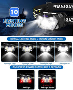 2000LM Ultra Bright 9 LED Headlamp, USB C Rechargeable Headlight, 10 Modes, Waterproof Motion Sensor Head Lamp Flashlight with White Red Light, Adjustable Headband for Adults Outdoor Hiking
