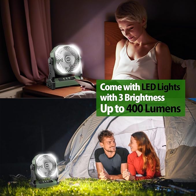 20000mAh Battery Powered Camping Fan, 58Hrs Rechargeable Portable Fan, 400LM Light, 360° Hook, Whisper Quiet Battery Operated Fan for Outdoor Car Travel Hurricane Camping Gear Essentials Power Outages