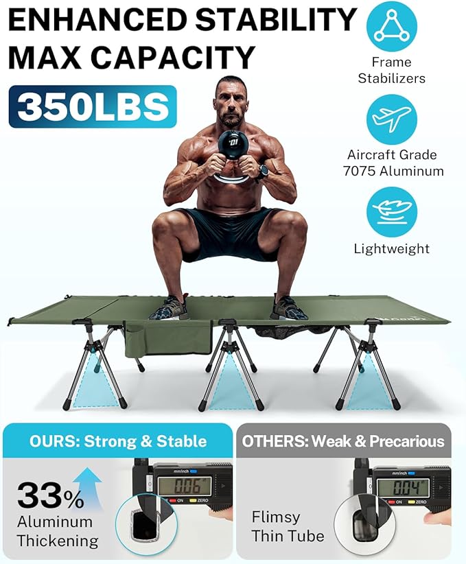 Gonex 31.5" Extra Wide Camping Cot with Leg Extenders 2 in 1 Portable Folding Cot for Adults Height Adjustable Supports 350lbs Sleeping Bed for Backpacking Travel Beach Home (Army Green)