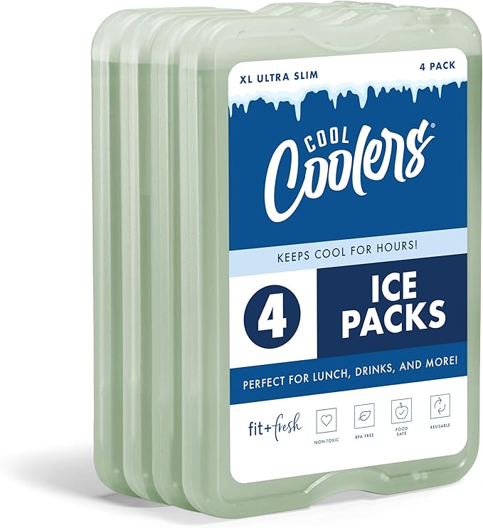Cool Coolers by Fit & Fresh XL Slim Ice Packs, Quick Freeze Reusable Ice Packs for Lunch Boxes & Coolers, Long-Lasting, Space Saving Cooler Ice Packs, Sage, 4Pk