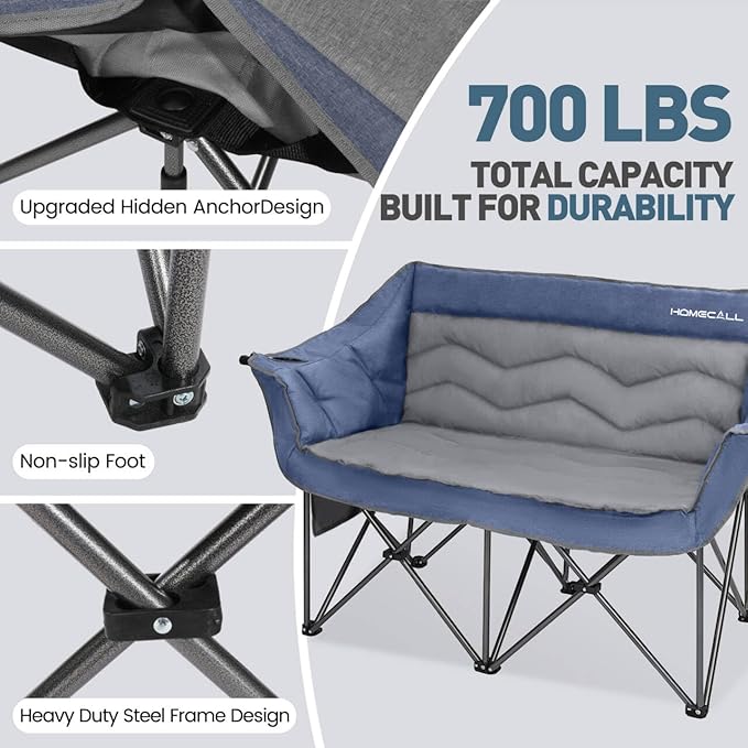 Oversized Double Camping Chair for Adults - Heavy Duty Folding Loveseat Support 700 lbs, Extra Wide 2 Person Camping Couch with Thick Padding, Cup Holders & Storage Bag, Blue