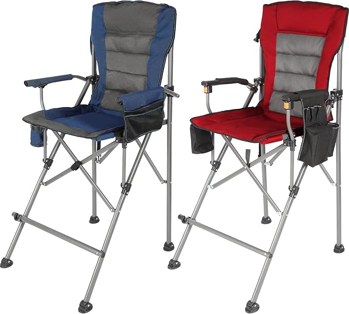 Extra Tall Folding Chairs for Adults 2 Pack, Portable Bar Height Foldable Director Chairs for Camping Outside, Comfortable with Makeup PocketHigh Back and Footrest, Blue and Red