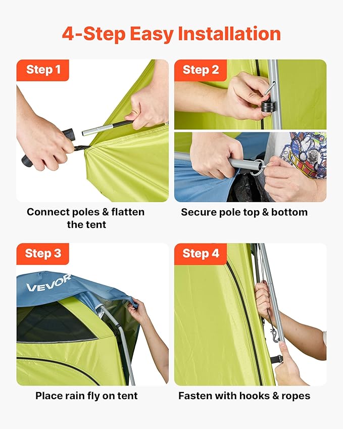 VEVOR Camping Shower Tent, 1 Room, Portable Privacy Tent Changing Room with Ground Stakes, Ropes, Carry Bag, and Steel Poles, 200D Oxford Fabric with Silver Coating, for Camping, Beach, Fishing