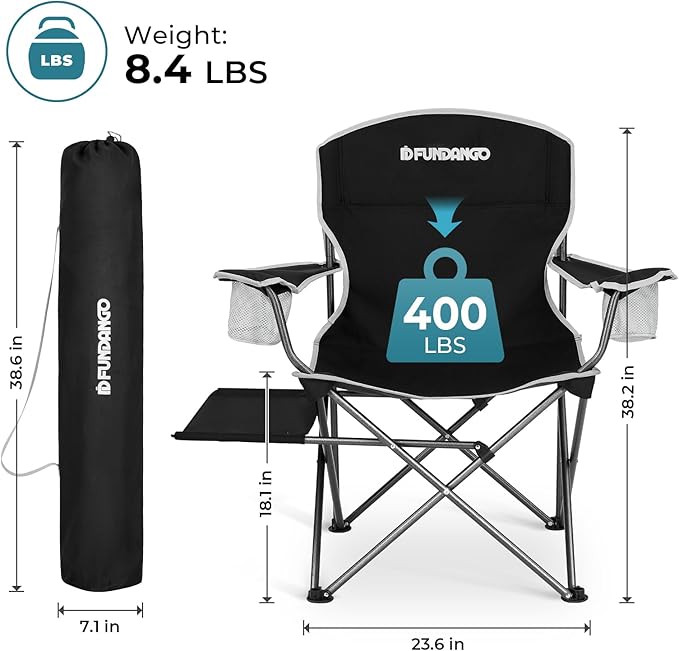 FUNDANGO Folding Camping Chairs for Adults, Oversized Beach Chairs with Table Tray, Heavy Duty Lawn Chair with Cup Holders for Sports, Outdoor, Camp (Black)