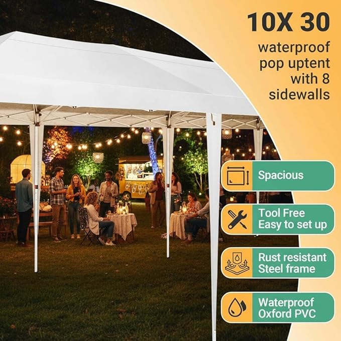 COBIZI 10x30 Pop Up Canopy Tent Commercial Instant Shelter with 8 Sidewalls, Durable Waterproof Portable Gazebo UPF 50+ for Outdoor Party, Wedding, Vendor Events (White)