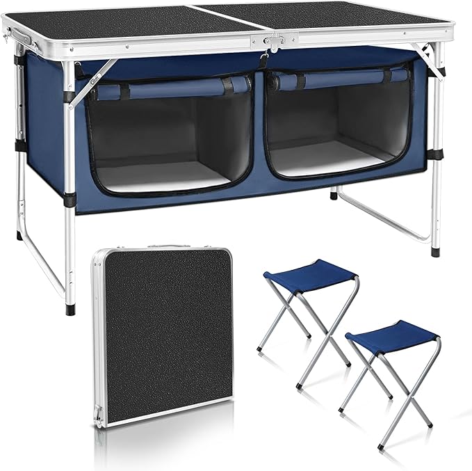 CampLand Outdoor Folding Table Aluminum Lightweight Height Adjustable with Storage Organizer for BBQ, Party, Camping