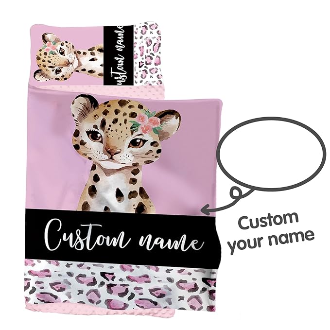 Custom Toddler Nap Mat for Preschool, Personalized Name Pink Kids Sleeping Bag with Leopard for Daycare, Roll Up Sleeping Mat with Removable Pillow and Soft Dot Minky Blanke for Girls Camping