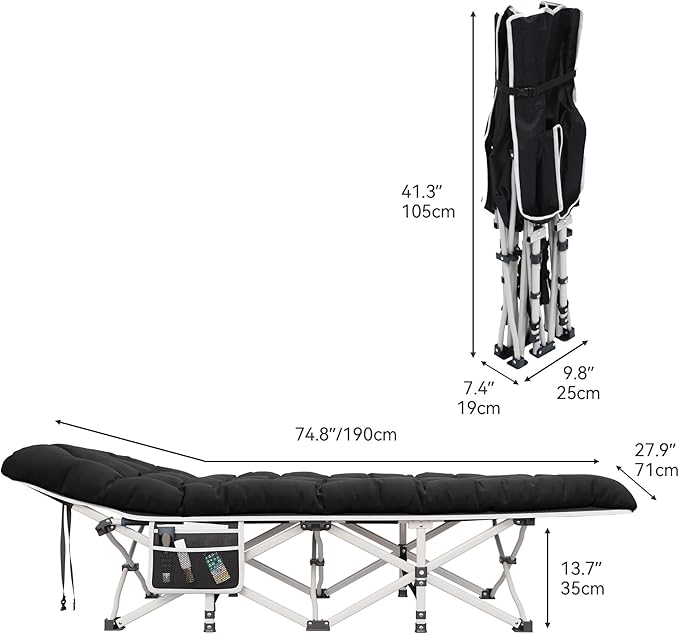 YITAHOME Camping Cots w/Mattress Portable Lounge Chair Outdoor Folding Cot Heavy Duty 575LB Capacity 1200D Oxford w/Carry Bag Travel Camp Bed for Camping, Office, Traveling, Black