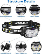 Lsnisni 9 LED Rechargeable Headlamp 2 Pack, 2000 Lumen Super Bright 10 Modes Motion Sensor Head Lamp with White Red Light, Waterproof Headlight Flashlight with USB C Cable for Camping Hiking Fishing