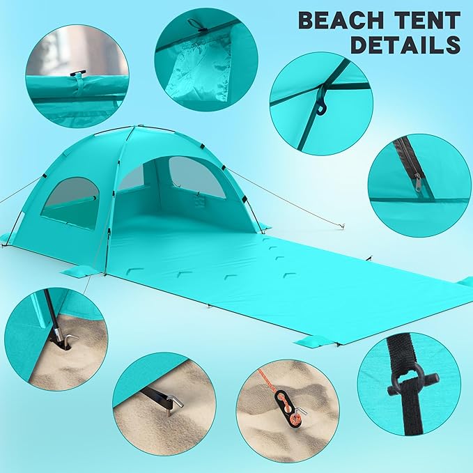 Beach Tent Sun Shelter with Extended Sand Mat 114×82inch，UPF 50+ Protection, 3 Double-Layer Windows for Enhanced Privacy; Portable Beach Shade, 3-4 People. Windproof and Waterproof