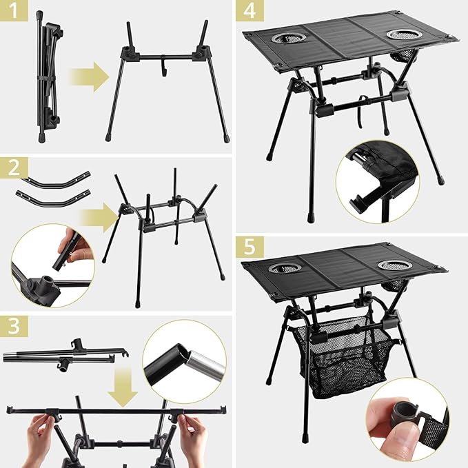 Anbte Ultralight Portable Camping Table, 3.2lb Folding Camping Table with Cup Holders & Storage Net, 20in Height for Camping Hiking Tailgating Beach Picnic Travel Patio, 23" x 16", Black