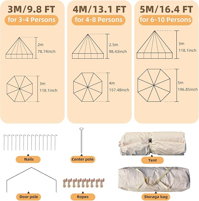 YOLENY Bell Tent, Yurt Tent 4/6/8/10 Person 4 Season Waterproof Glamping Tents w/Stove Jack for Family Camping Outdoor Party, Glamping Tents for Camping - 10/13.1/16.4FT