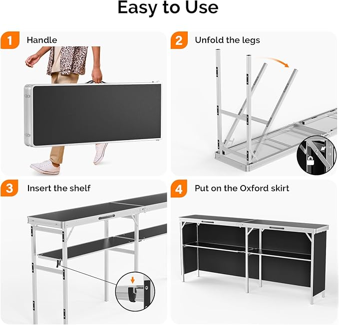 VINGLI 78" Portable Bar Table, 2-Tier Shelves, Mobile Bar Table for Events, Party, Camping, Picnic, Tradeshow, Indoor with Black Skirt (1, 78")