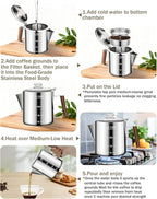 Coffee Maker Coffee Percolator 304 Stainless Steel Pot Stovetop Easy Brewing Even Heating 12 Cup 74.4oz 2200ml Silver Classic Design Heat Resistant Home Camping Outdoor