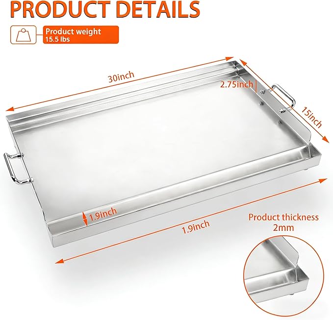 LotFun 30" x 15" Stainless Steel Cooking Griddle for Outdoor Gas Grill, Universal Griddle Flat Top Plate Insert with Grease Groove and Removable Handles for Electric/Charcoal/Gas Grill, Camping,Party