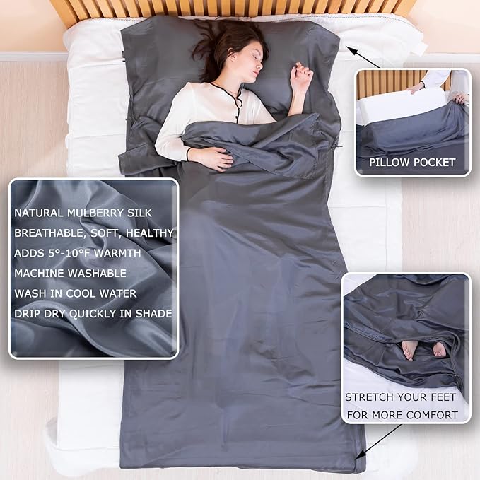 100% Silk Sleep Sack with Zippers on 3 Sides, 87”x43” Large Sleeping Liners for Hotels, Travel & Camping, Multifunctional Travel Sheets (Unzipped:87”x87”) for Adults, Lightweight, All Seasons