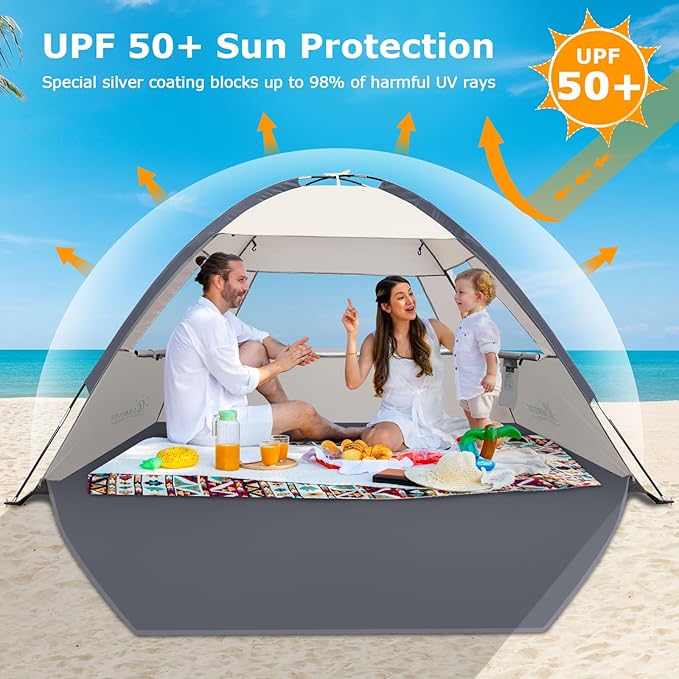 COMMOUDS Beach Tent Sun Shade for 3/4/6/8 Person, UPF 50+ Beach Sun Shelter Canopy Tent, Lightweight, Easy Set Up and Carry