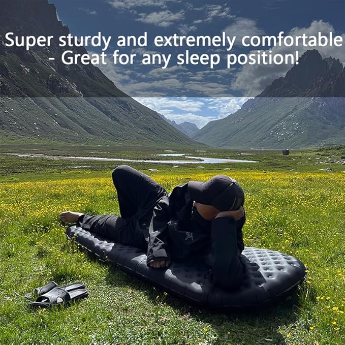 Single Inflatable Sleeping Mat, 20D Nylon Lightweight Air Bed for Adults, Air Mattress with Storage Bag for Camping Ultralight Backpacking, Hiking, Traveling & Outdoor Activities (Black, R)