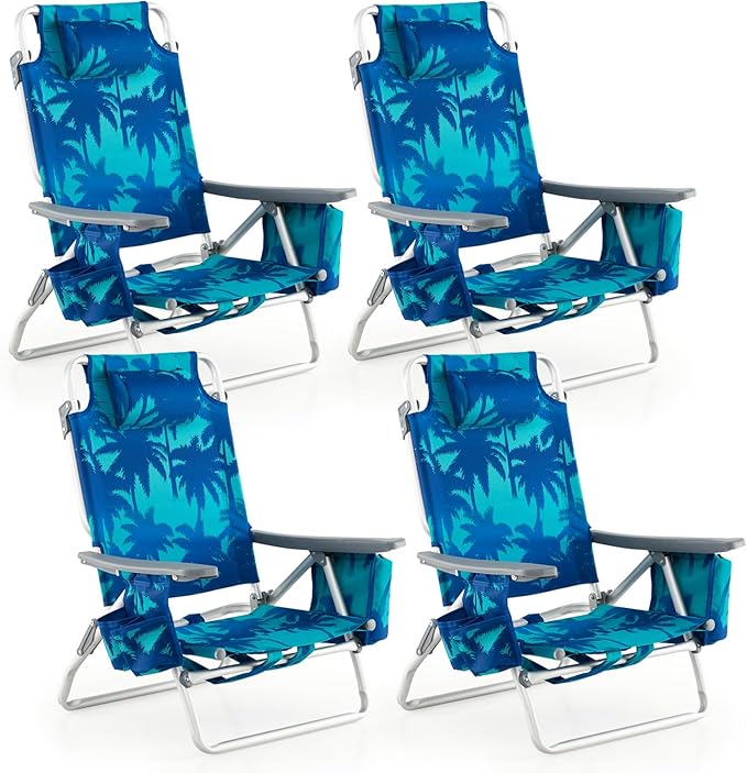 Tangkula Set of 4 Backpack Beach Chair, 5-Position Lay Flat Beach Chairs with Cooler Bag, 2 Cup Holders, Towel Bar, Lightweight Low Folding Beach Chair with Backpack Straps